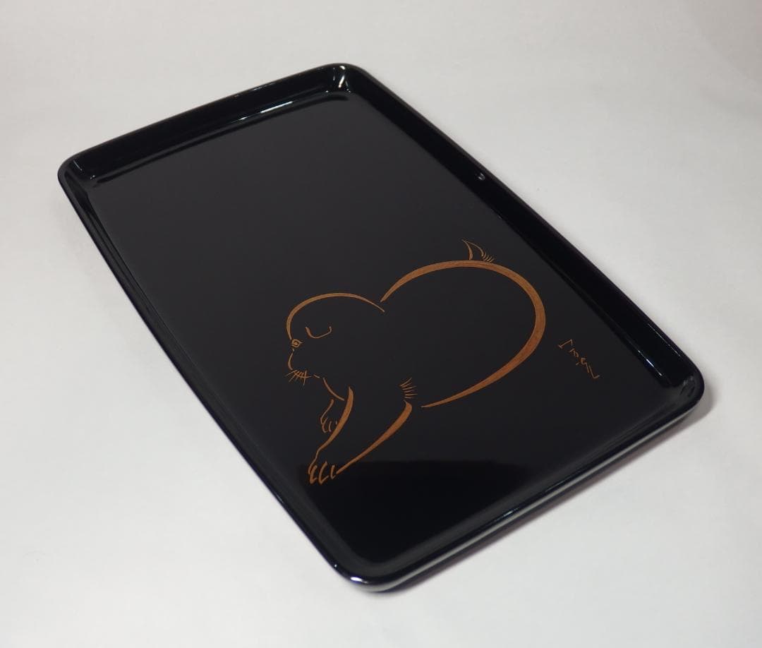 小松芳光作/蒔絵犬図長方盆/加賀蒔絵/石川県無形文化財/共箱