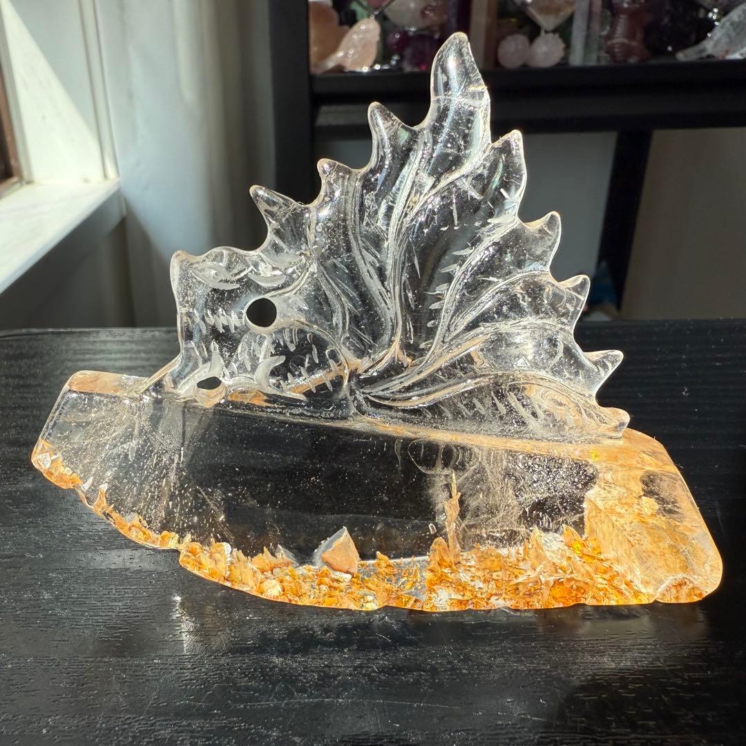 天然石水晶の九尾狐　置物　彫物NO.090110
