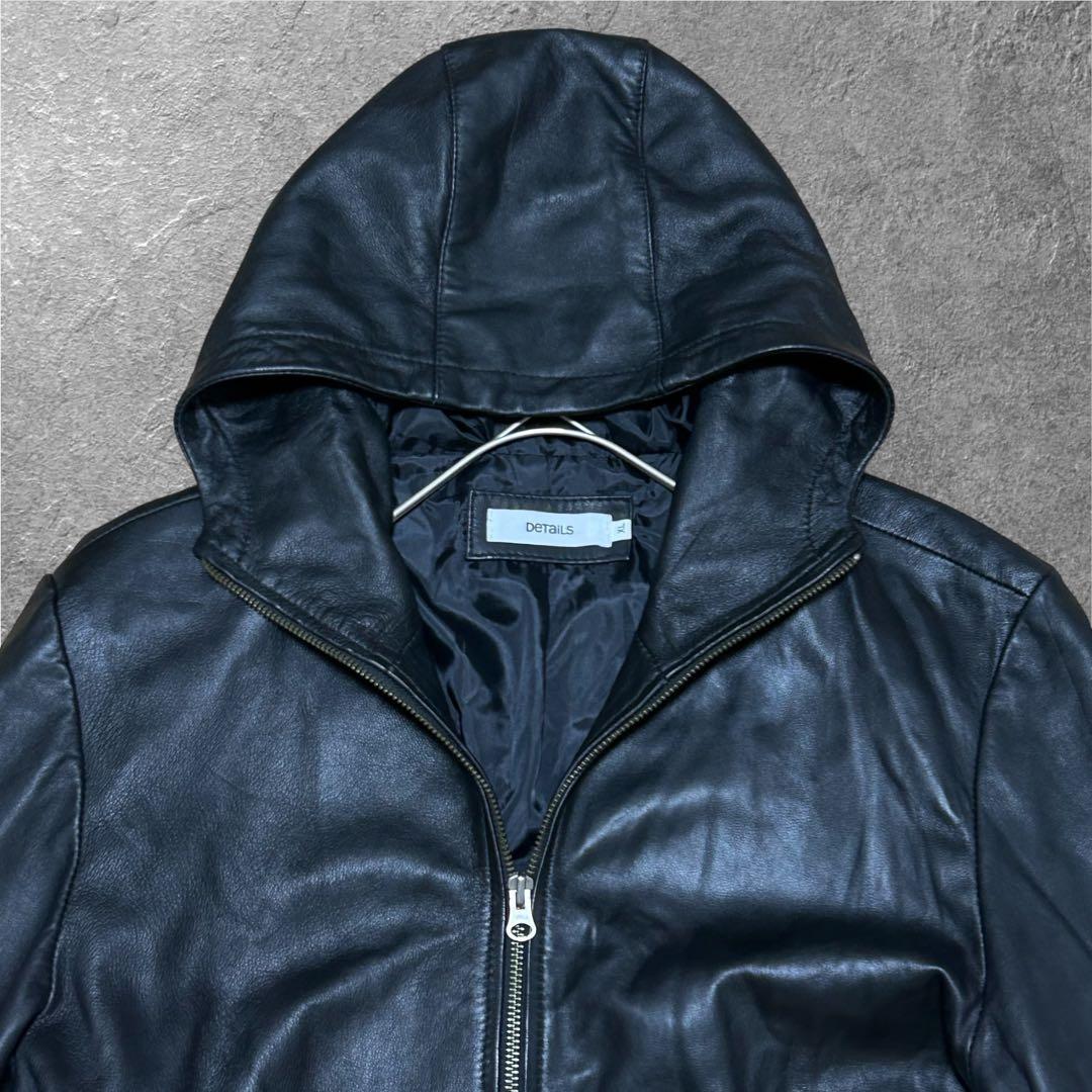 DeTaiLS ラムレザー 羊革 フーデッドレザーライダースジャケット XL 黒