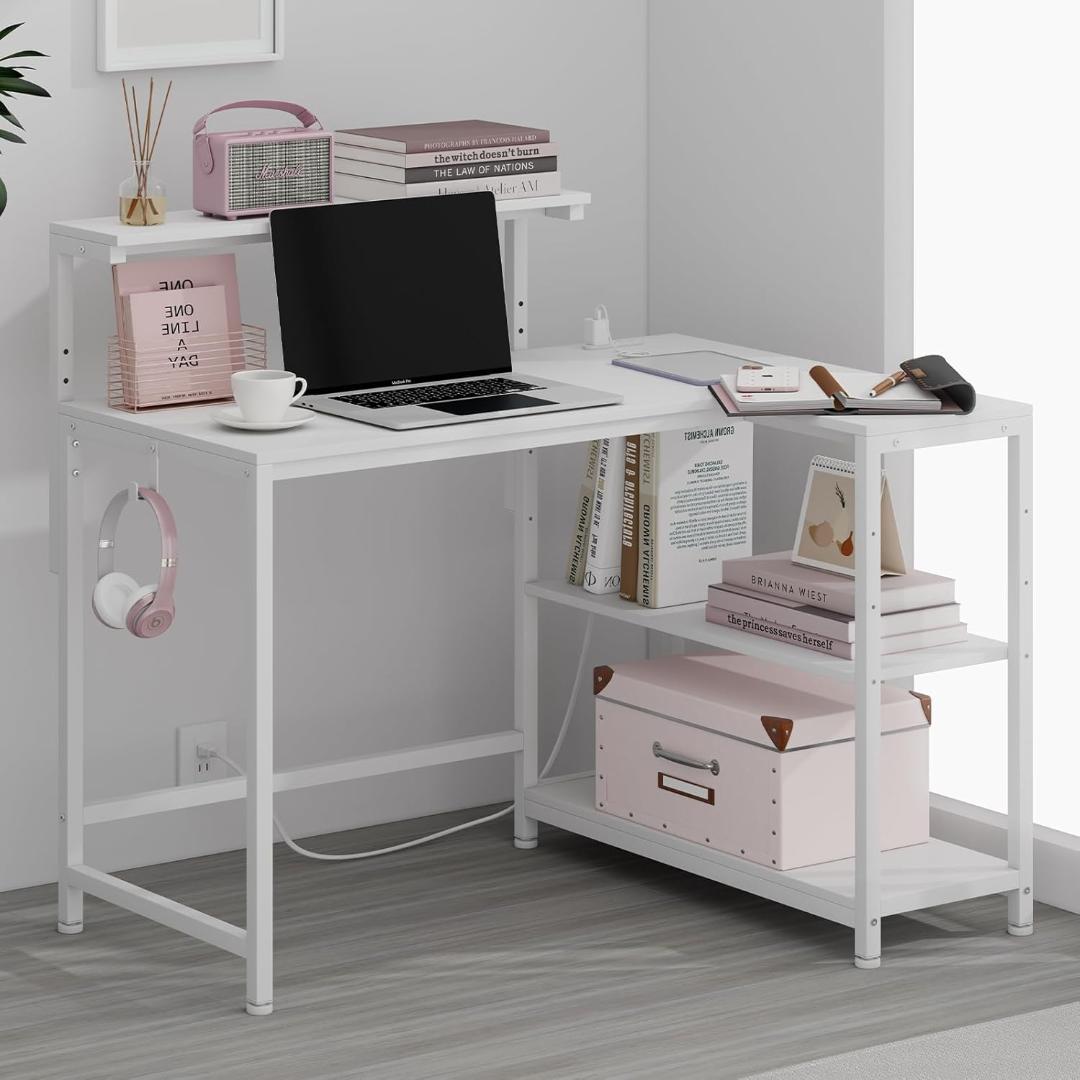 MoonMeguriデスク L字型 モニター台可動棚板　ホワイト, 幅110cm