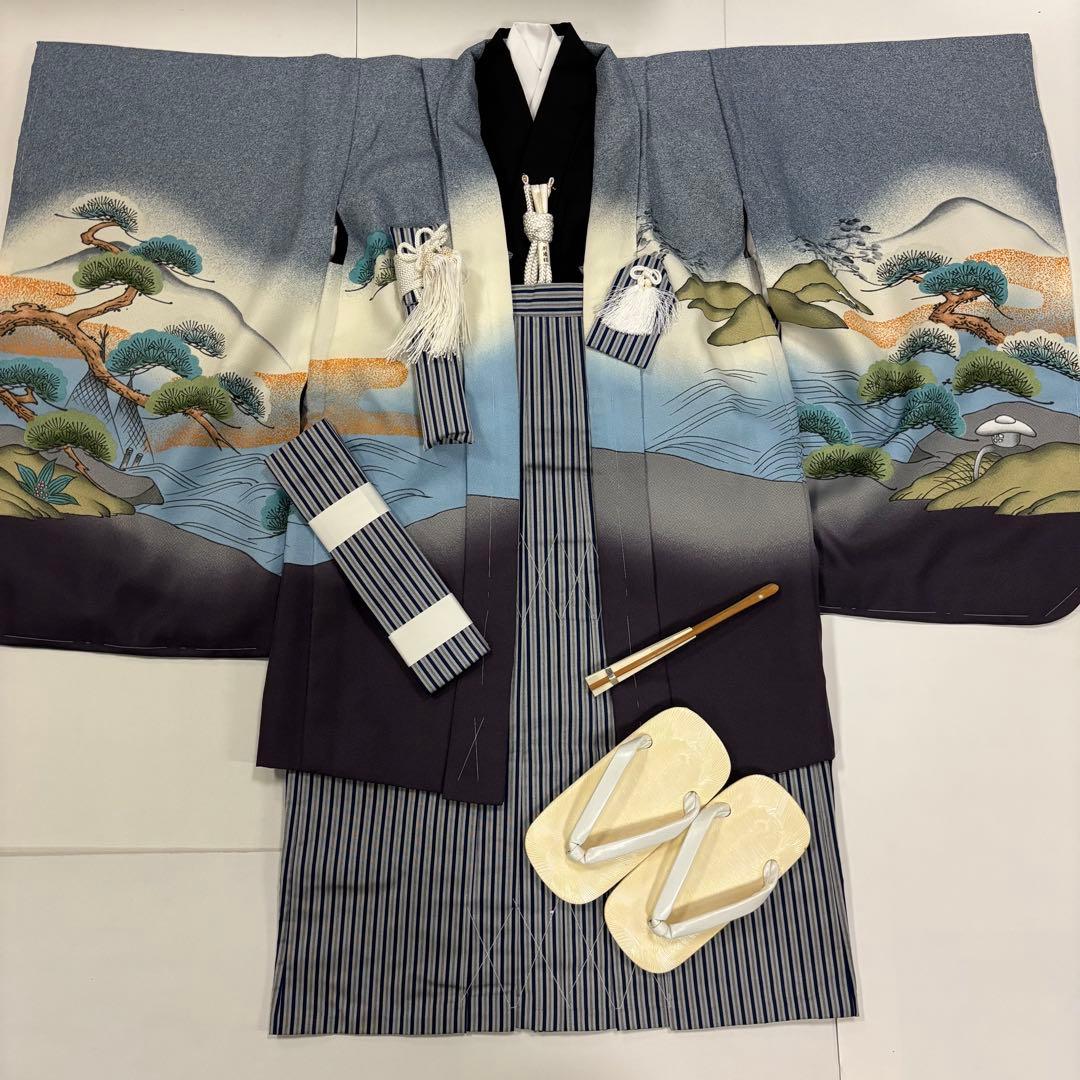 七五三　5歳男の子　着物・袴セット　グレーと紫系　鷹　松竹梅　日本製　新品