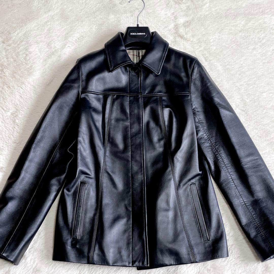 美品 BURBERRY バーバリー 比翼 ノバチェック 羊革 レザージャケット