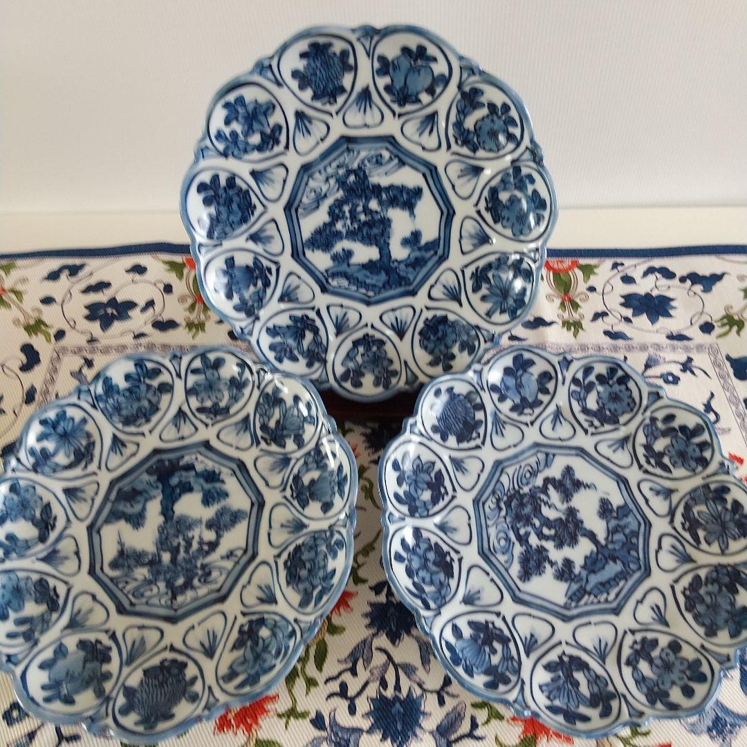 源右衛門窯⭐️染付輪花 銘々皿 三枚組