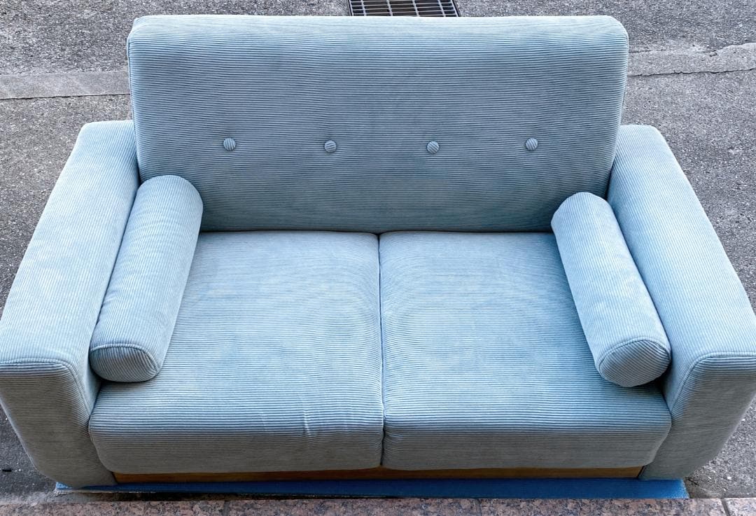 コーデュロイ 天然木 2人掛け ソファ ローソファ ミントブルー 幅130cm