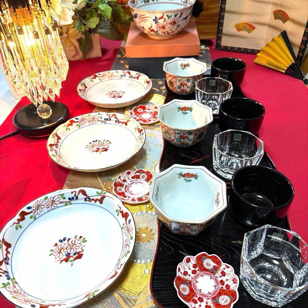 たち吉赤絵金彩八角鉢　中皿シール付きクリスタル小鉢　金彩豪華大鉢　No.4-33