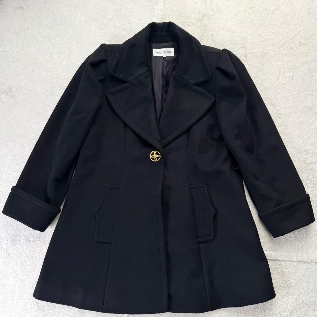 美品 イヴサンローラン チェスターコート カシミヤ混 金ボタン S ブラック