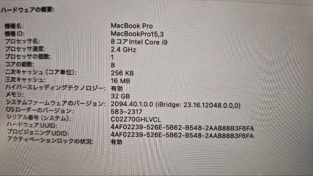 MacBook本体 MacBookPro 2019 i9 32GB 1TB vega 20 4GB