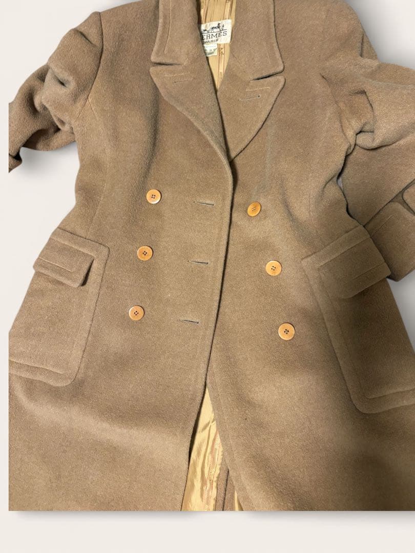 美品　HERMES ダブル ロングコート 40 ベージュ　キャメル100%