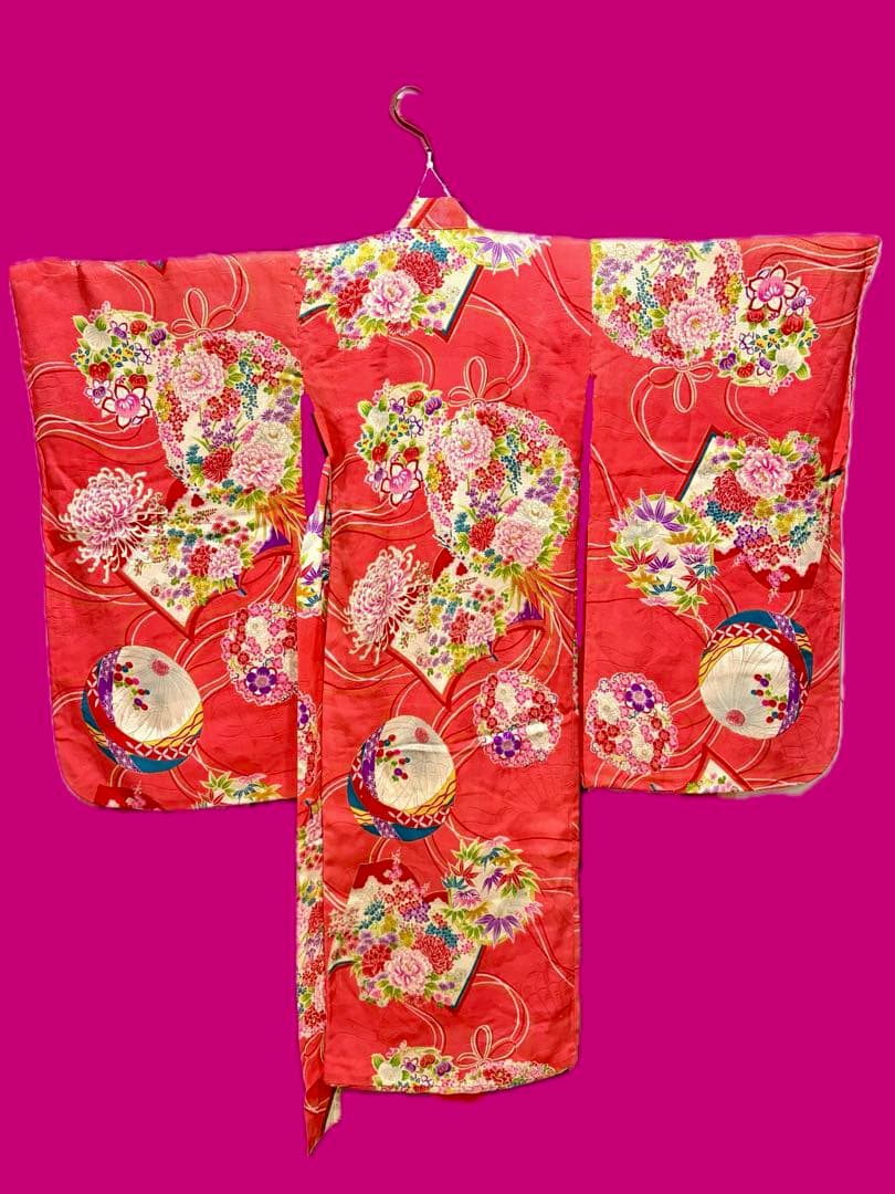 アンティーク着物　七五三　正絹　サーモンピンク　しごき付き