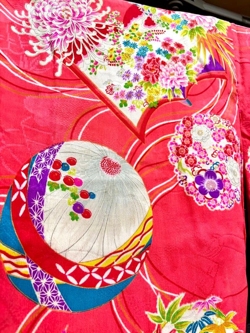 アンティーク着物　七五三　正絹　サーモンピンク　しごき付き