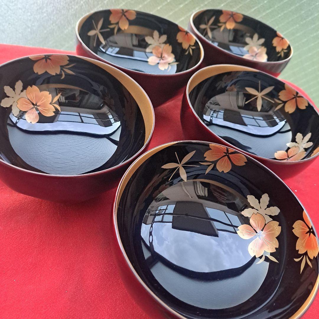 ぷくりん【輪島塗　雪月花蒔絵　煮物椀×5客】布着本堅地　14㎝　亀甲型\"