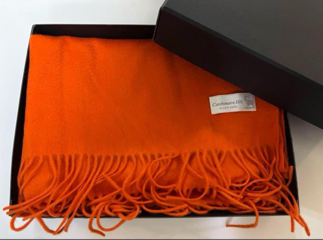 100%カシミヤ オレンジ 大判厚手ストール（新品）