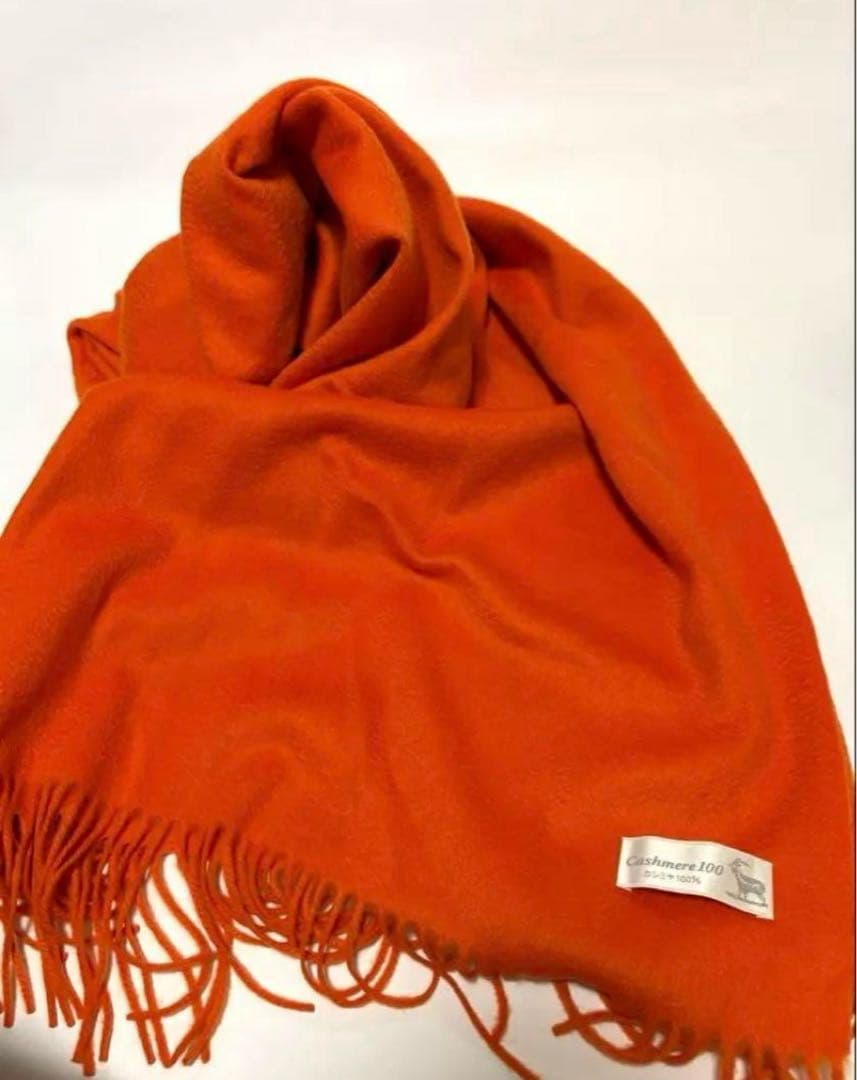 100%カシミヤ オレンジ 大判厚手ストール（新品）