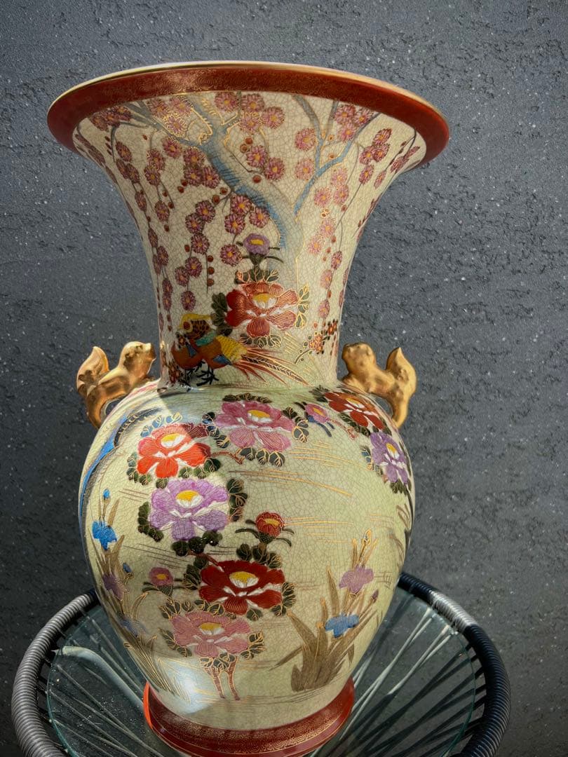 薩摩焼 壺 大型 双耳花瓶 飾壺 獅子耳 花柄 金彩 両耳付 花瓶