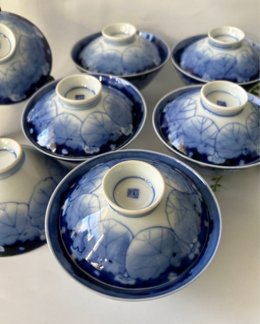 古伊万里 染付 青と白の葉模様 飯碗 6個セット