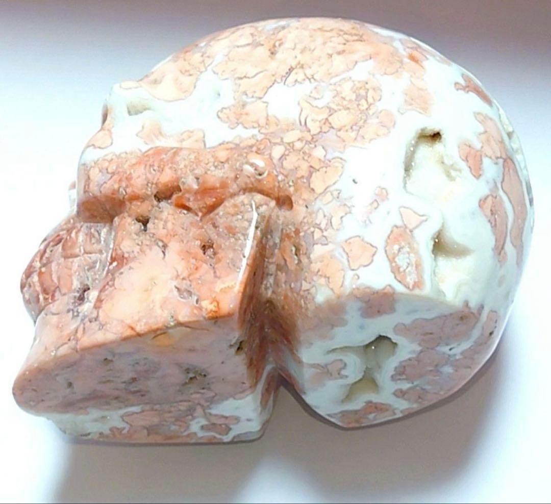 1点もの　天然石　ジオード桜瑪瑙　スカル　置き物　ピンクアゲート