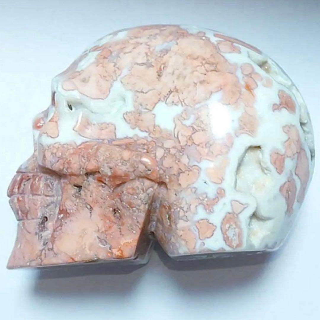 1点もの　天然石　ジオード桜瑪瑙　スカル　置き物　ピンクアゲート