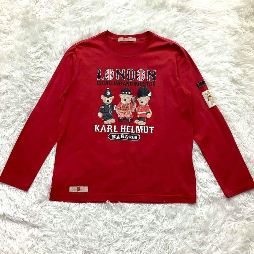 カールヘルム ベア メンズ 長袖Ｔシャツ レッド 春夏物 人気モデル サイズM