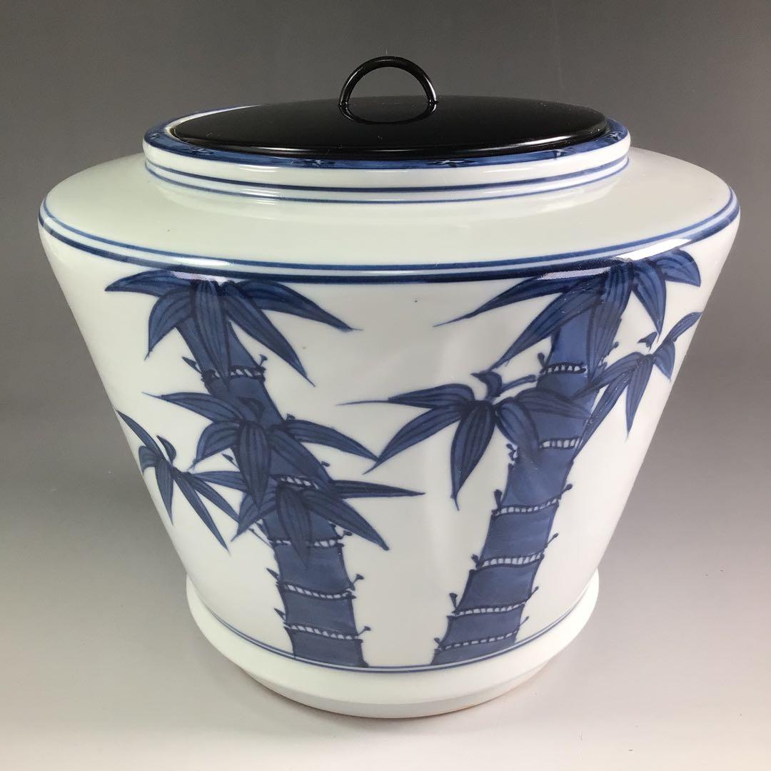 Ｒ２３６　水指　『平安　青峰造』『染付竹絵』『青華水指』　共箱　茶道具