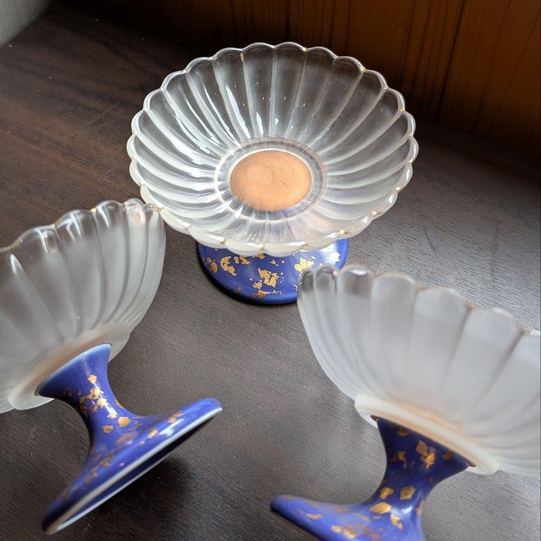 【希少】金彩が美しいハイブリッド高台皿 3脚セット ふぐ刺し　ガラス陶器 料亭