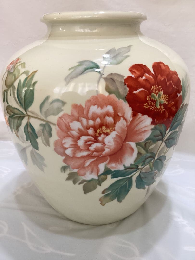 オールドノリタケ　日陶印　月桂樹　大輪牡丹花柄陶器花瓶　ビンテージ　昭和レトロ