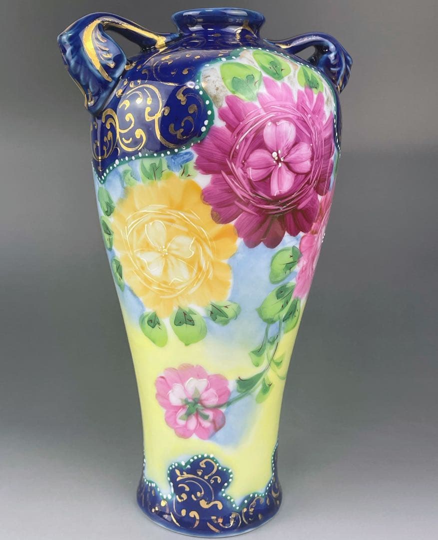 【希少】オールドニッポン 約２２．５cm アールヌーボー薔薇紋金盛りコバルト花瓶