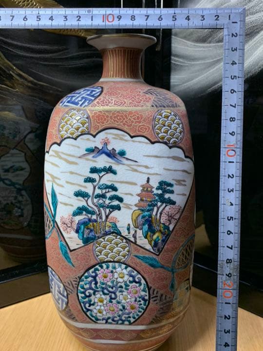 明治九谷焼　庄三　山水人物文瓶　花瓶　カビン花びん