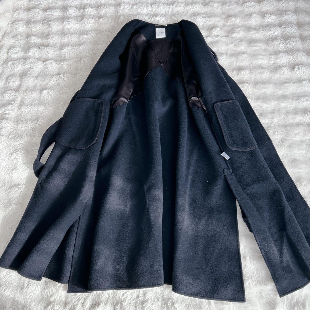 エブール★カシミヤ　ノーカラー　リバーコート　ガウンコート　ロング　ネイビー