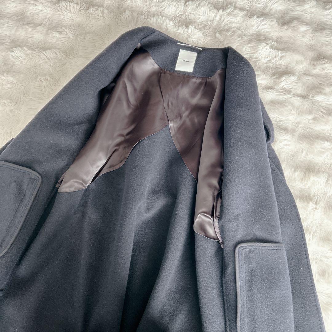 エブール★カシミヤ　ノーカラー　リバーコート　ガウンコート　ロング　ネイビー