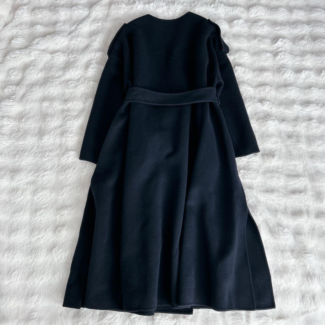 エブール★カシミヤ　ノーカラー　リバーコート　ガウンコート　ロング　ネイビー