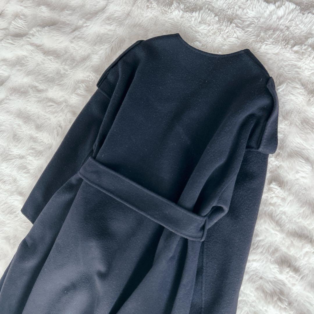 エブール★カシミヤ　ノーカラー　リバーコート　ガウンコート　ロング　ネイビー