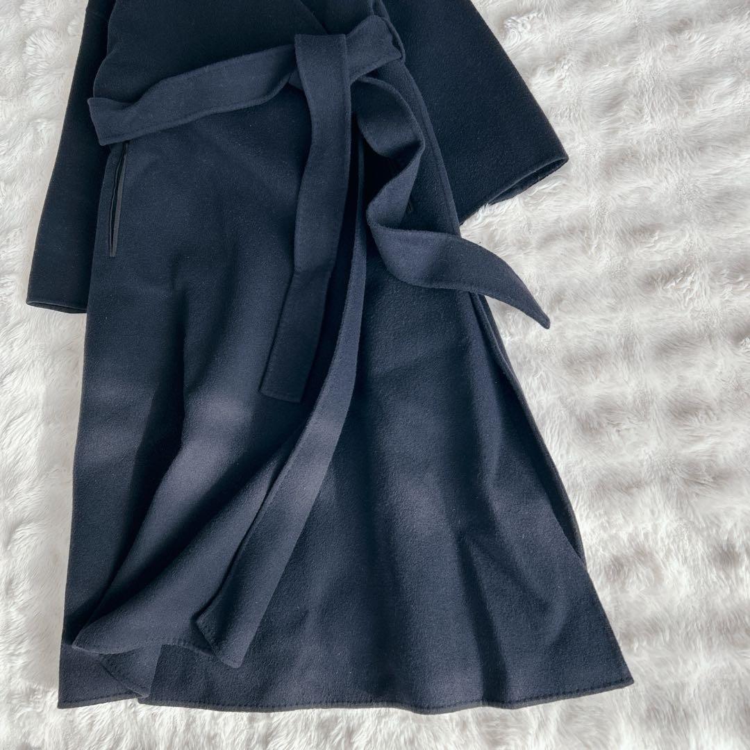 エブール★カシミヤ　ノーカラー　リバーコート　ガウンコート　ロング　ネイビー