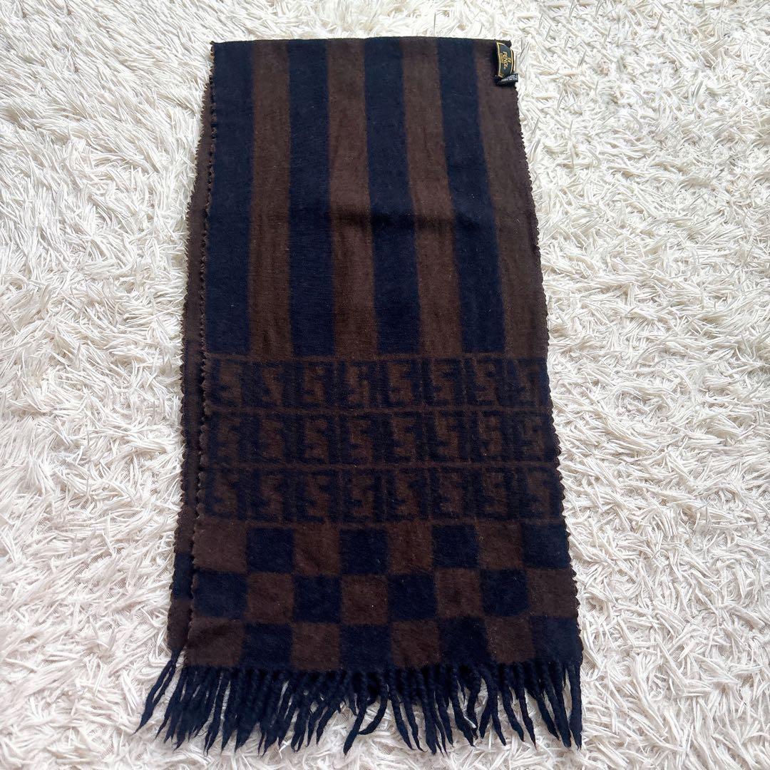 極美品✨フェンディ ウールマフラー ズッカ柄ロゴ 市松模様 ストライプ フリンジ