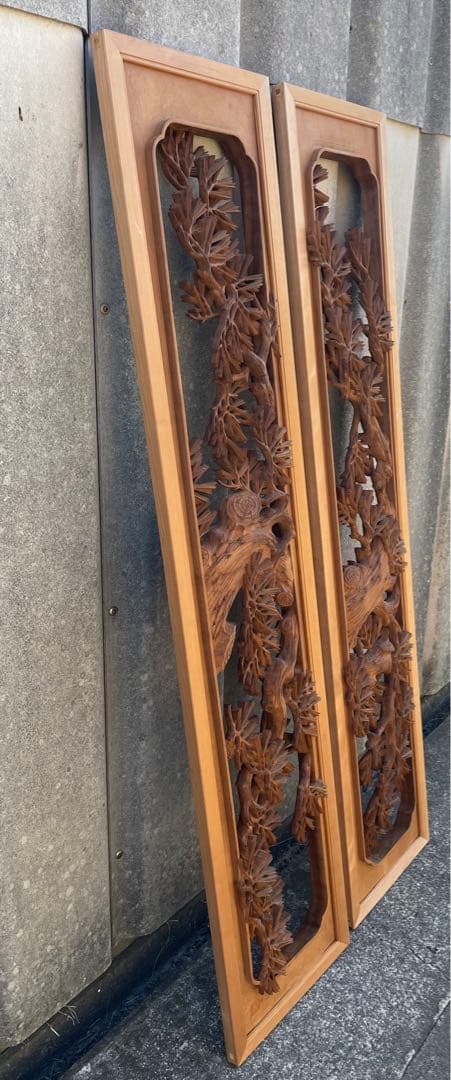 稀少/井波彫刻/栄二郎 刀/細密彫刻/両面彫刻/彫刻欄間/欄間/木彫/一対/2枚