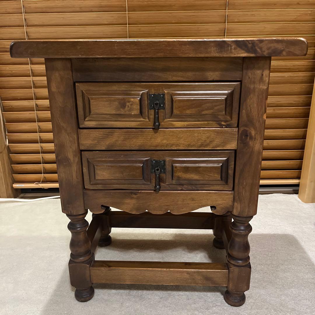 【ビンテージ】ダークブラウン 木製 サイドテーブル 2段 引き出し アイアン