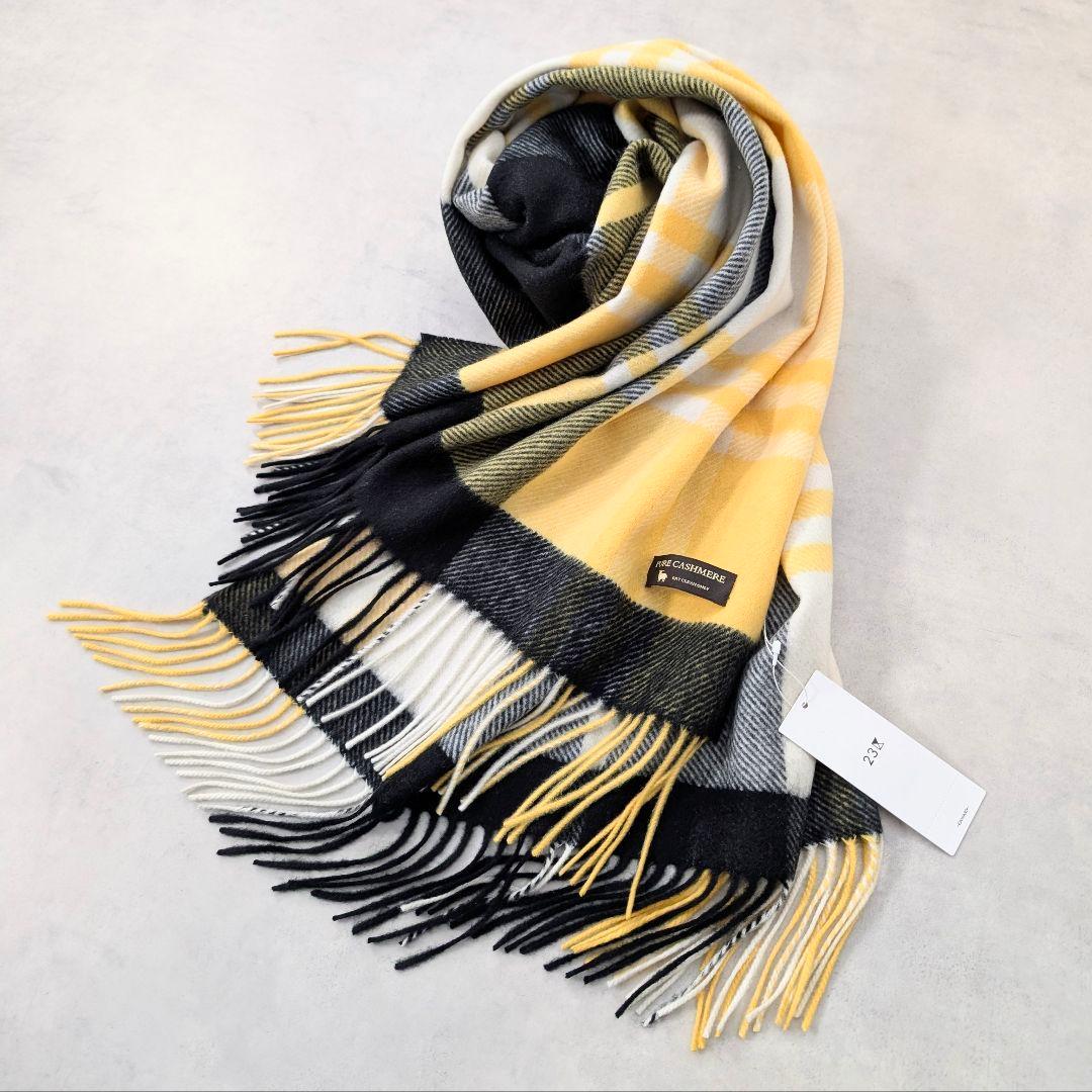 未使用タグ付★23区 大判 カシミヤ100%ストール チェック柄 イエロー