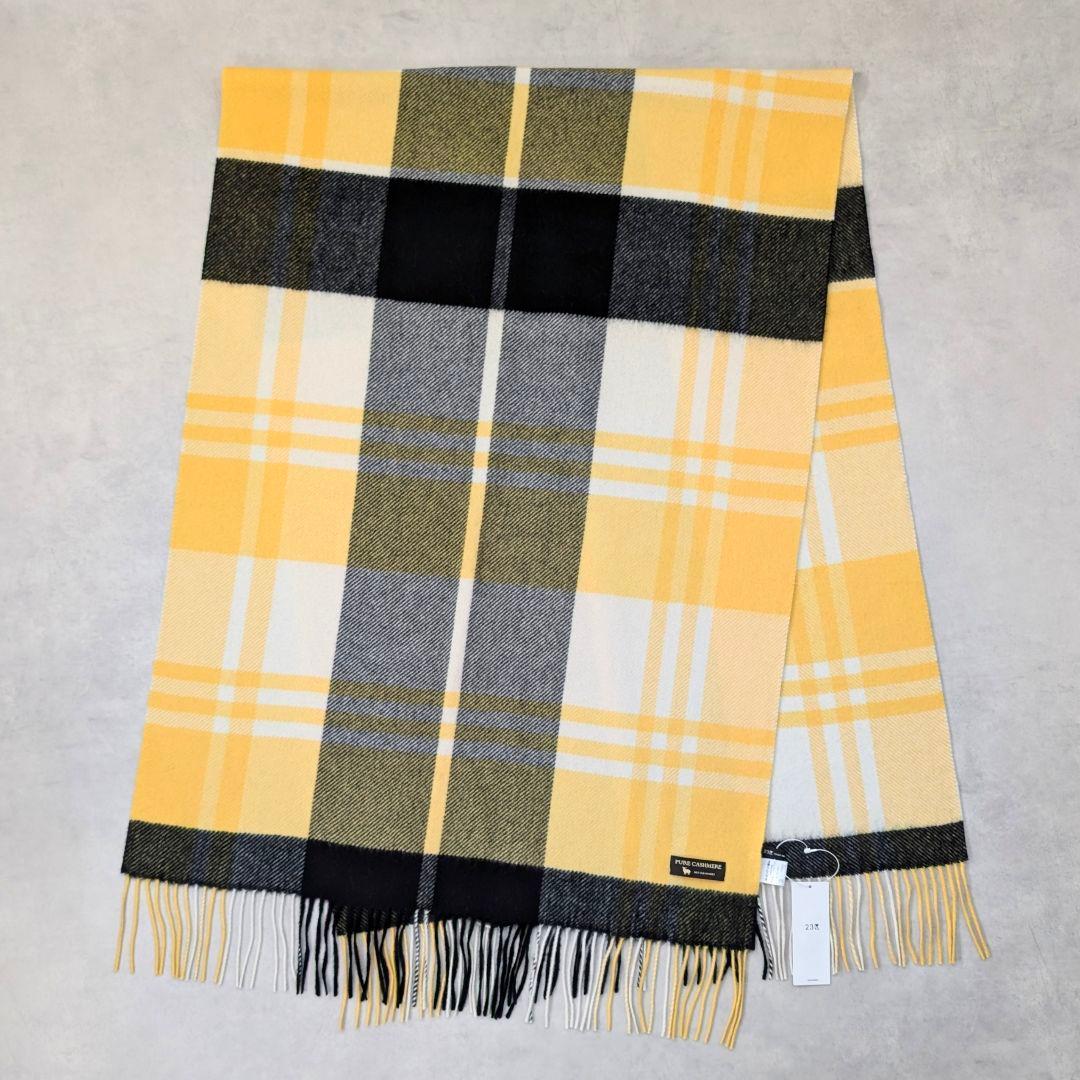 未使用タグ付★23区 大判 カシミヤ100%ストール チェック柄 イエロー
