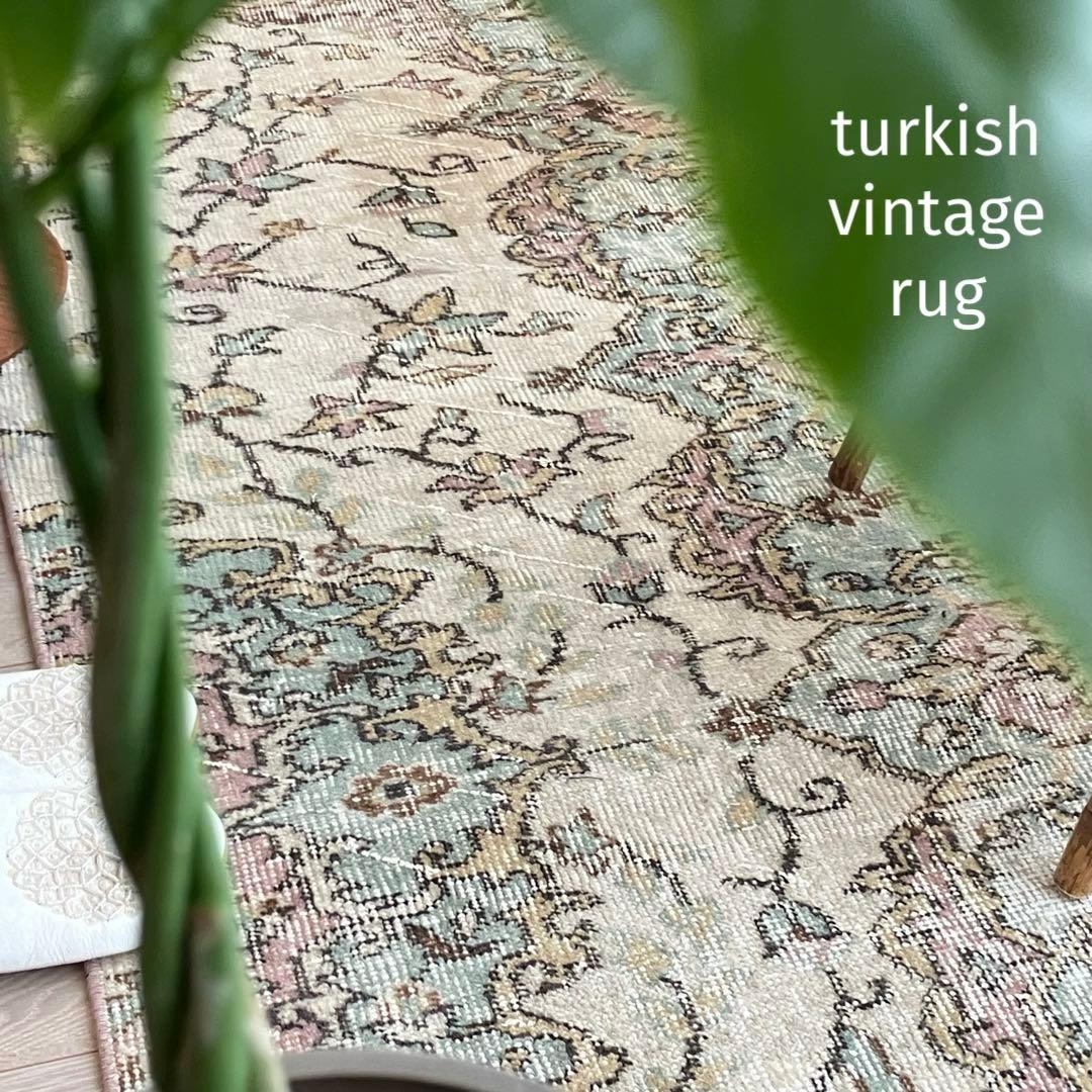 ペパーミントグリーン　ピンクベージュ73×222ランナー　トルコヴィンテージラグ