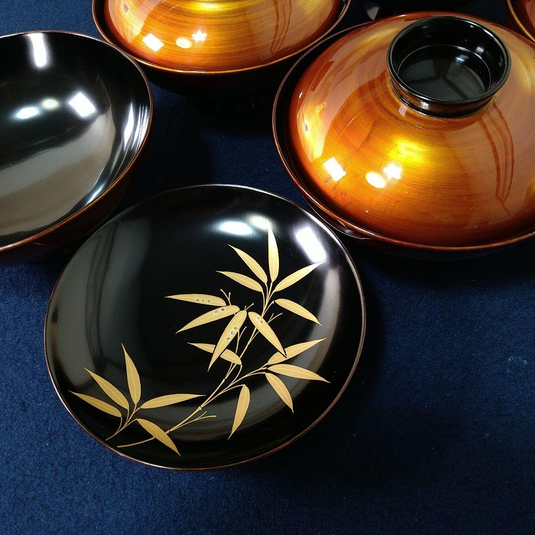 A985 吸い物碗 木製 塗り椀 金蒔絵 螺鈿 蓋裏蒔絵 笹図 五客 蓋付椀