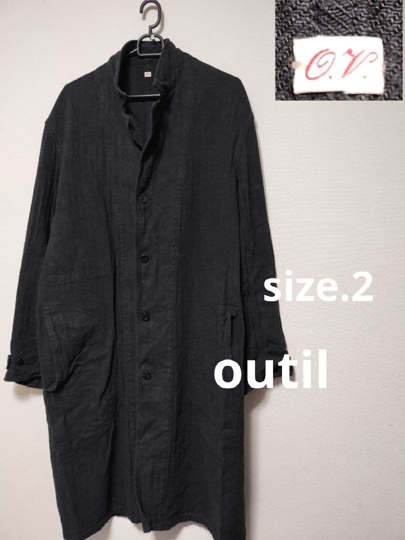 OUTIL ウティ シルク リネン コート 黒 ヘリンボーン