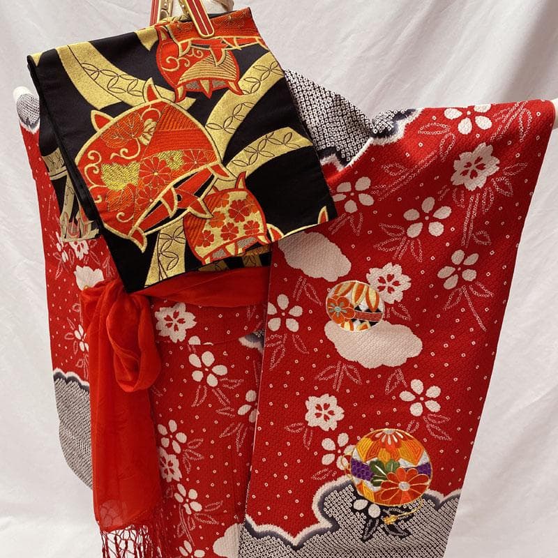 503ag4◎七五三 七歳 女児 総絞り風 銀駒刺繍 着物&袋帯&長襦袢◎