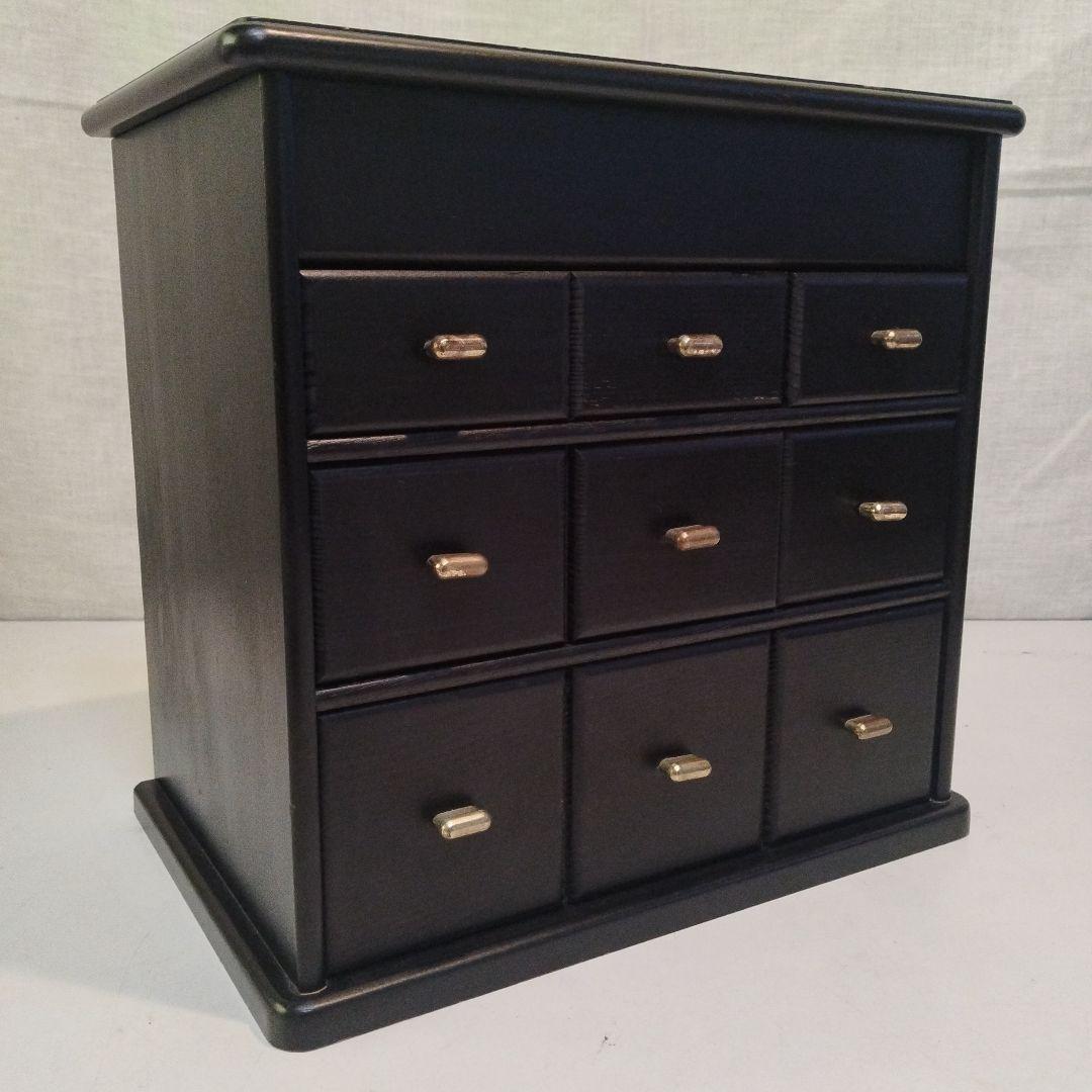 黒い木製アクセサリーケース ガラストップ付き　6個の引き出し付　大きめサイズ