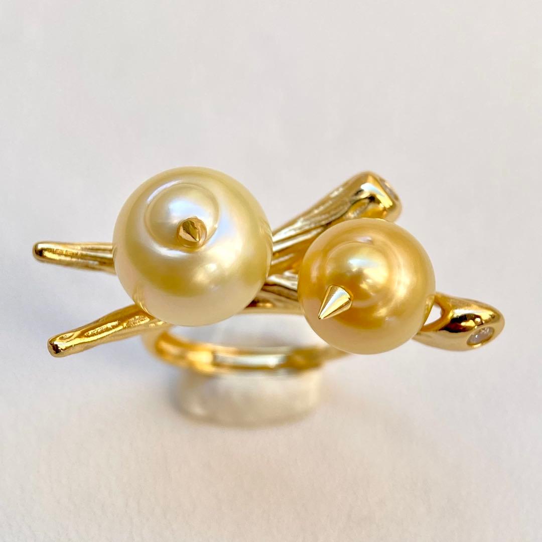 本真珠南洋白蝶真珠シャンパンとゴールド「鳥と枝」s925リングY1044