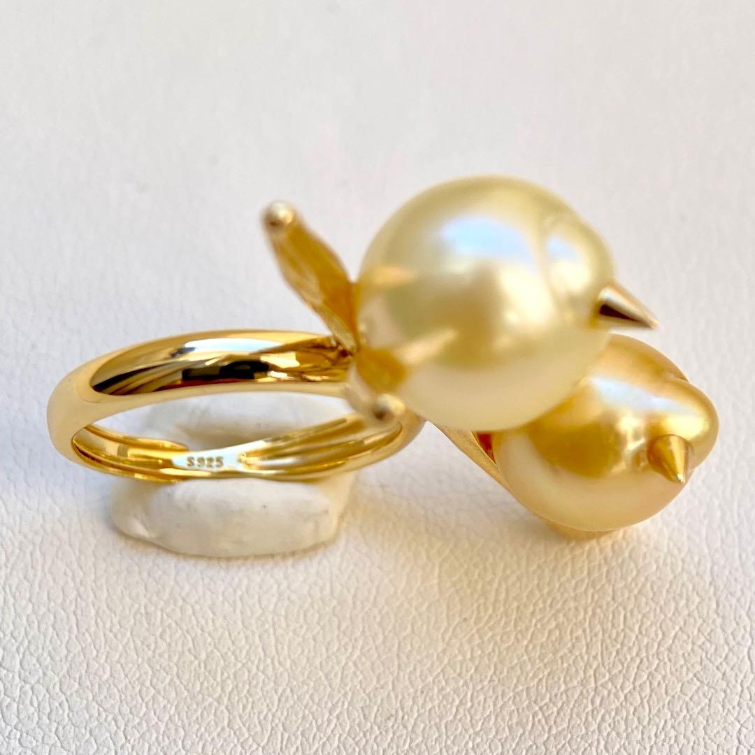 本真珠南洋白蝶真珠シャンパンとゴールド「鳥と枝」s925リングY1044