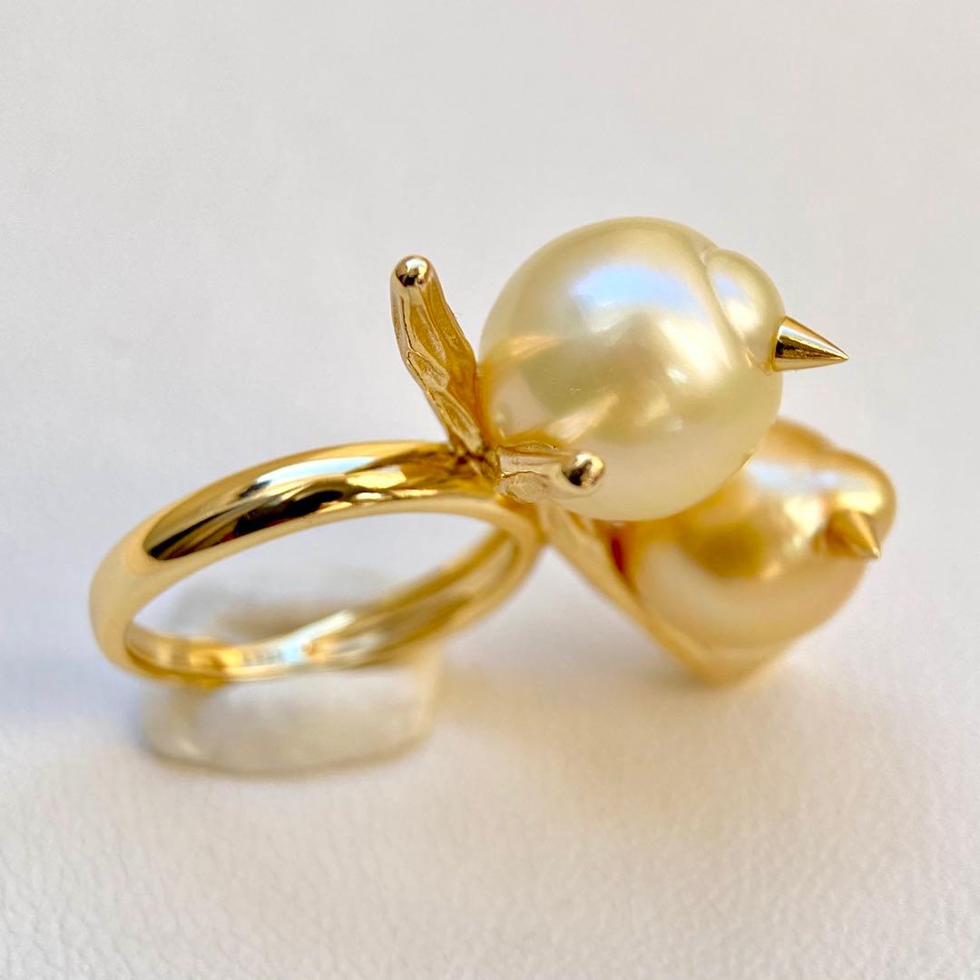 本真珠南洋白蝶真珠シャンパンとゴールド「鳥と枝」s925リングY1044