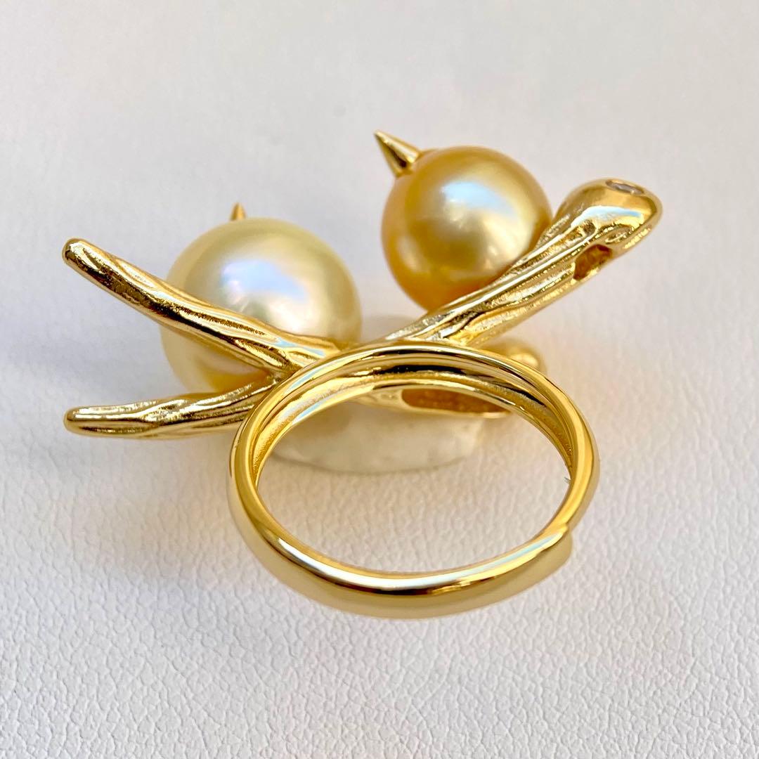 本真珠南洋白蝶真珠シャンパンとゴールド「鳥と枝」s925リングY1044