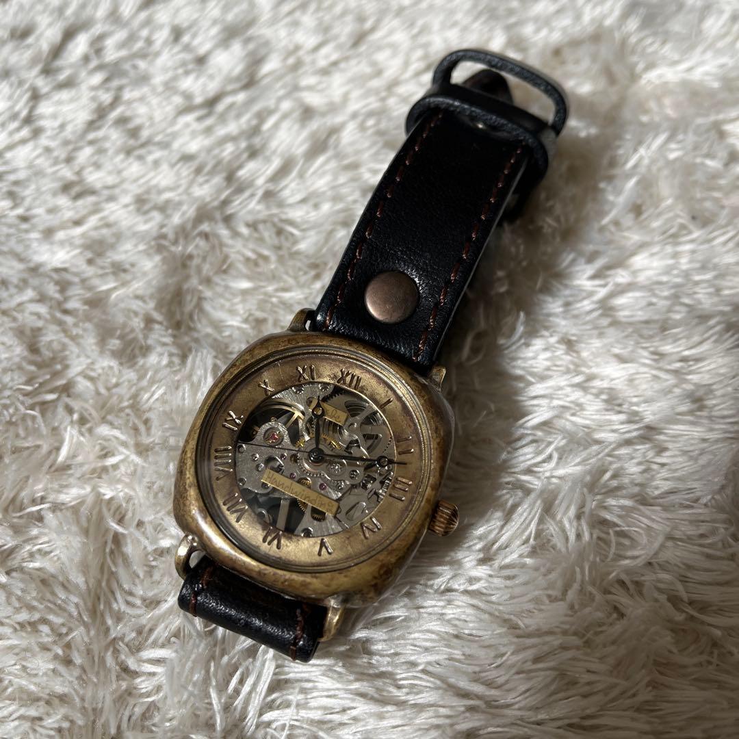 アンティーク腕時計 ハンドメイド 一点物 本革 レザー 黒 手巻き式時計