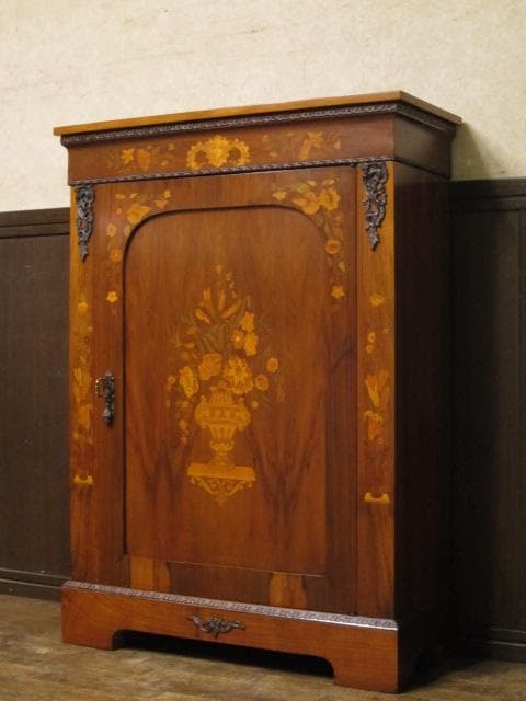 フレンチアンティーク 木象嵌 オルモル装飾 ピアキャビネット 鍵付き