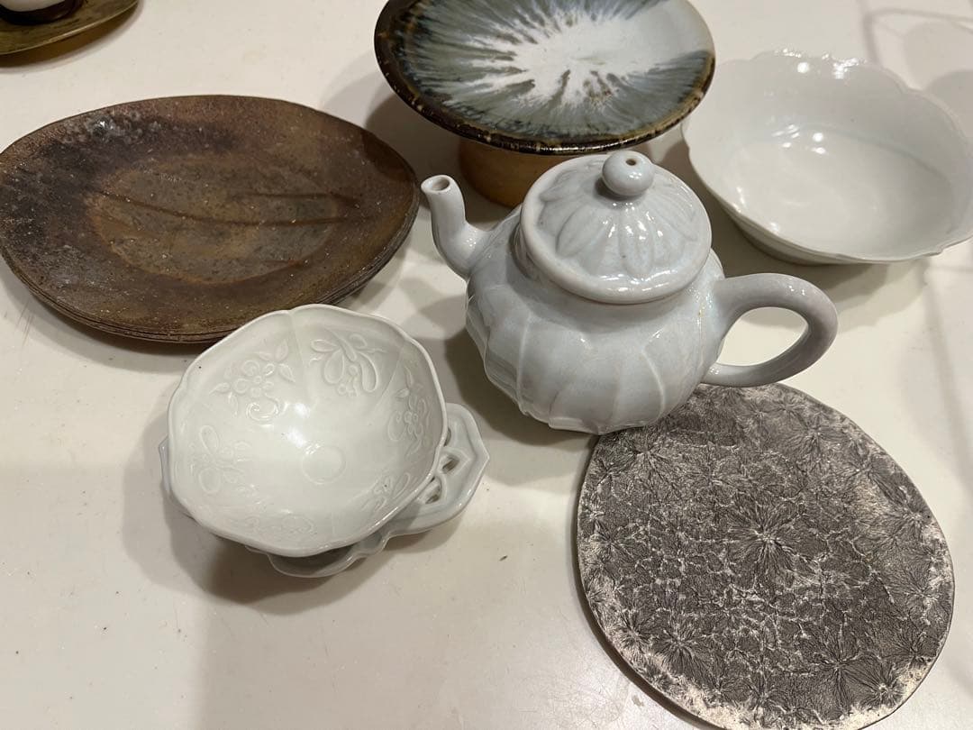 作家　中国茶　茶器　急須　セット　皿　蓮子　花　豊增一雄　豆皿
