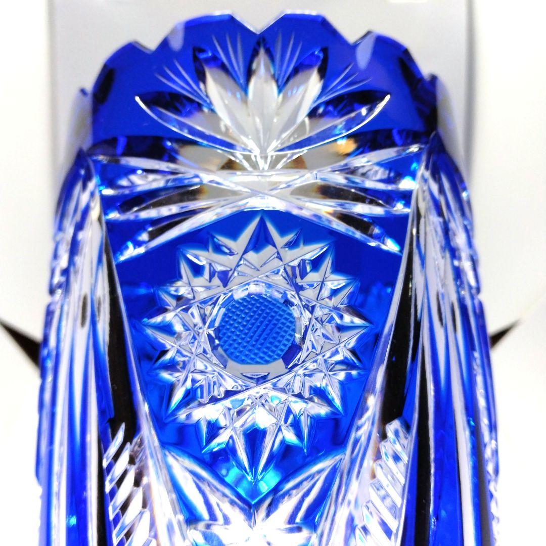 新品イタリア製江戸切子風青色被せガラスクリスタル花瓶花器フラワーベース薩摩切子